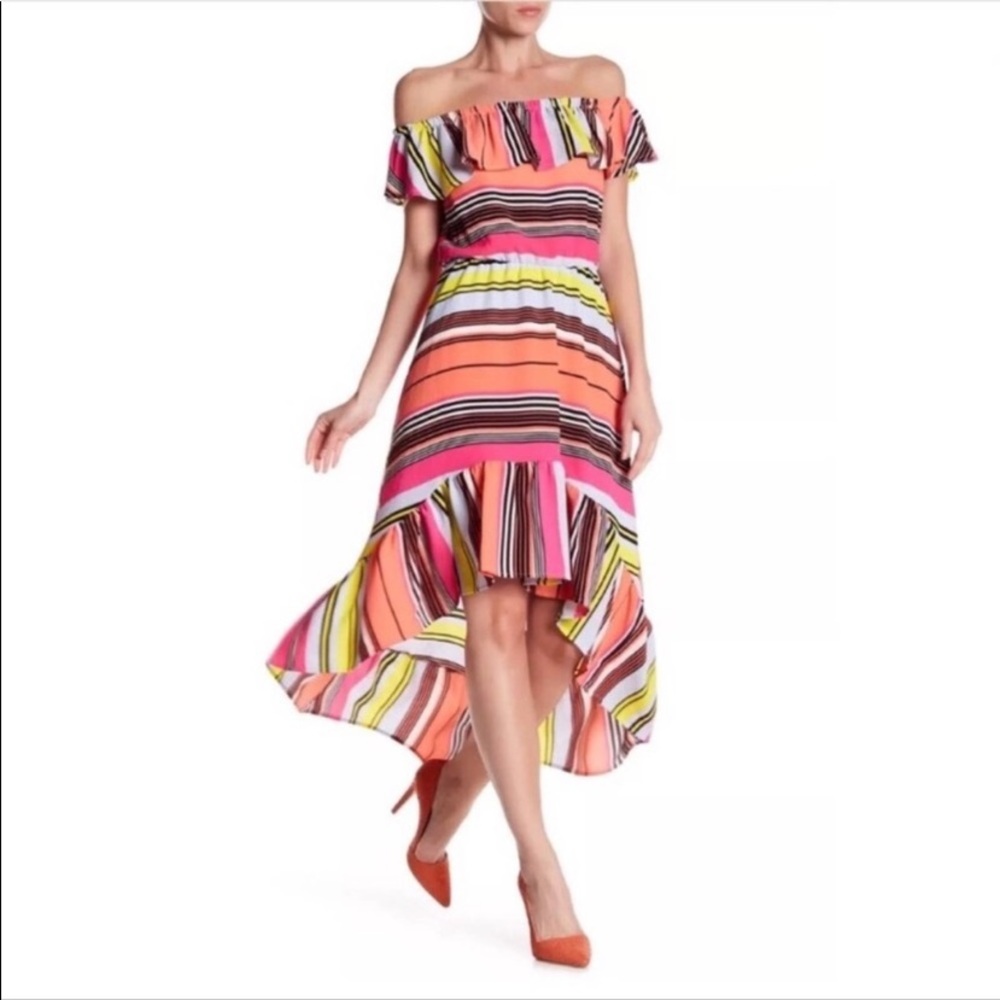 Bright Colorful On/Off Shoulder Party Dress with Ruffled Hem Sz. M